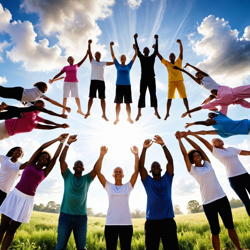 Create a powerful and uplifting scene featuring diverse individuals who have survived cancer, standing together in a circle with their arms united, radiating strength and hope. In the background, incorporate soft sunlight breaking through clouds symbolizing new beginnings, and include subtle elements representing wellness, like healing plants and awareness ribbons. The atmosphere should evoke positivity, resilience, and empowerment. vibrant colors. super-realistic.