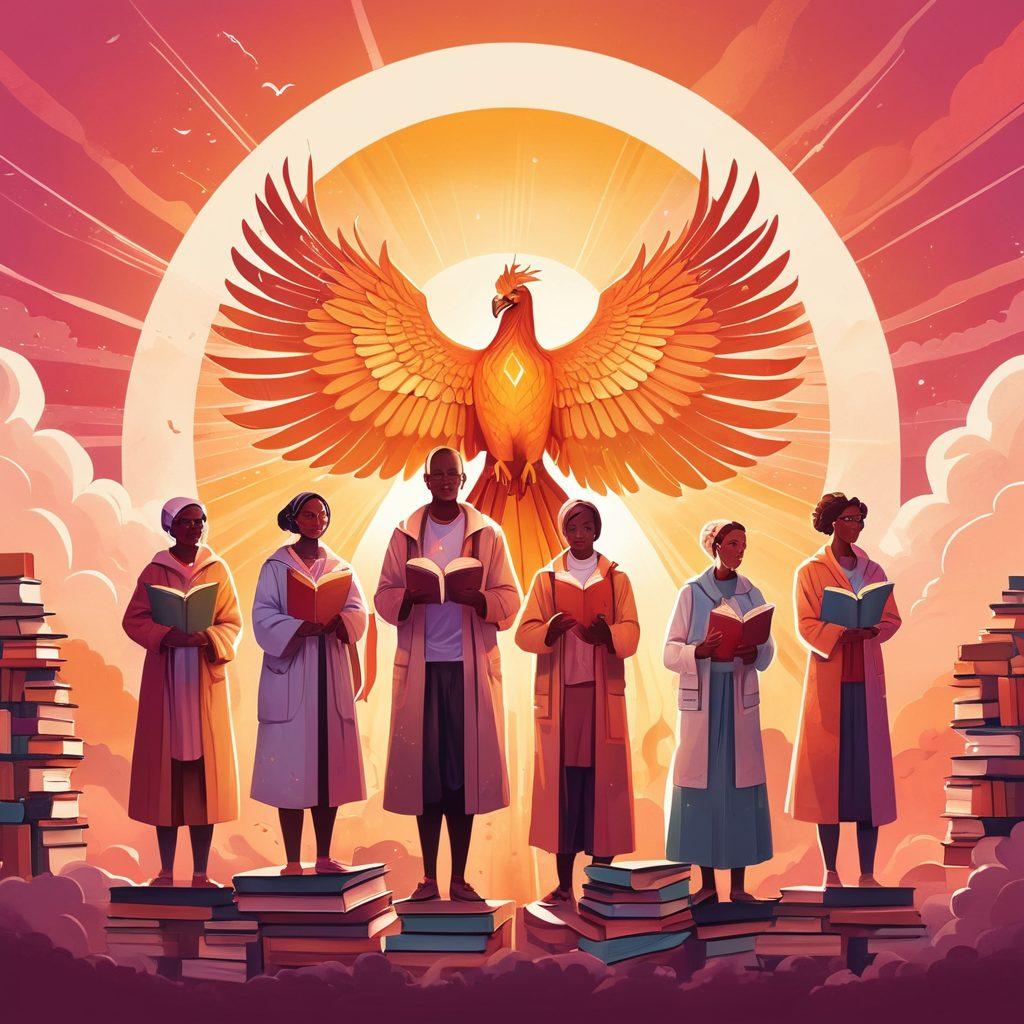 A powerful illustration of a diverse group of cancer warriors, standing strong together, surrounded by books and supportive resources, symbolizing empowerment through knowledge. Incorporate uplifting symbols like a phoenix rising and rays of light breaking through clouds, signifying hope and resilience. The background features a warm, inviting color palette with soft gradients that evokes a sense of comfort and support. super-realistic. vibrant colors. uplifting theme.