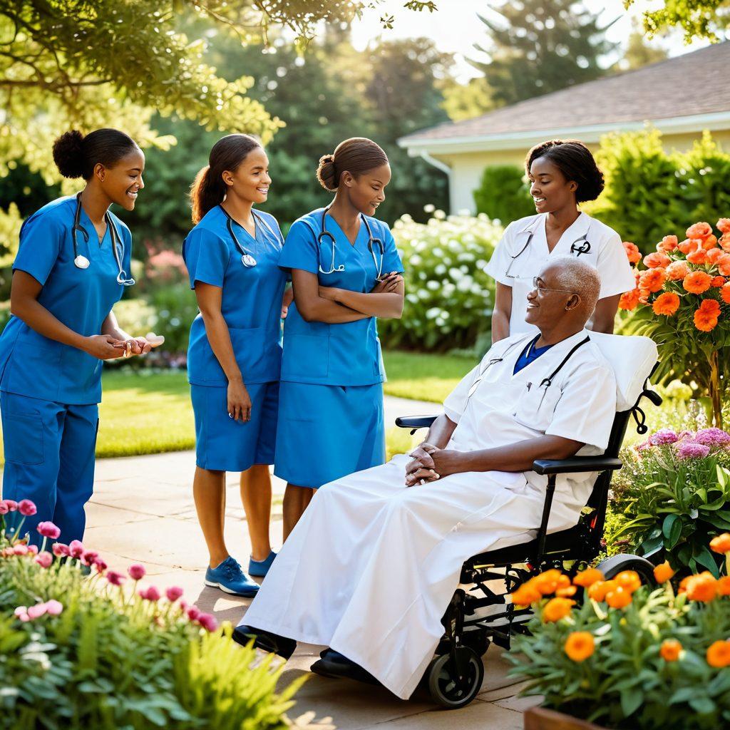 A serene and hopeful scene depicting a diverse group of healthcare workers supporting a cancer patient in a bright, sunny garden. The healthcare workers are sharing tips on wellness, conveying warmth and empathy, while the patient, appearing relaxed and engaged, is surrounded by vibrant flowers symbolizing resilience. Soft, natural lighting enhances the tranquility of the moment. super-realistic. vibrant colors. soft focus.